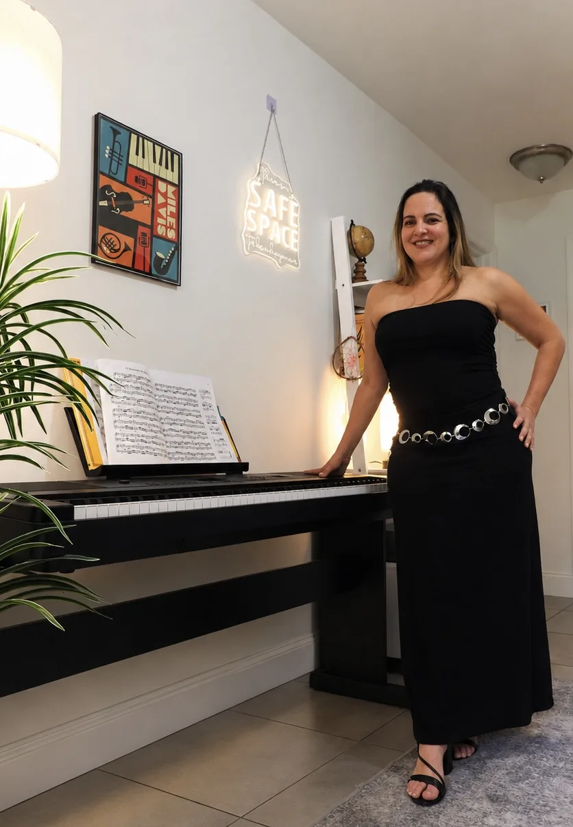 Débora beside the piano, edited photograph Debora Pedrosa standing beside the digital piano in her music studio.