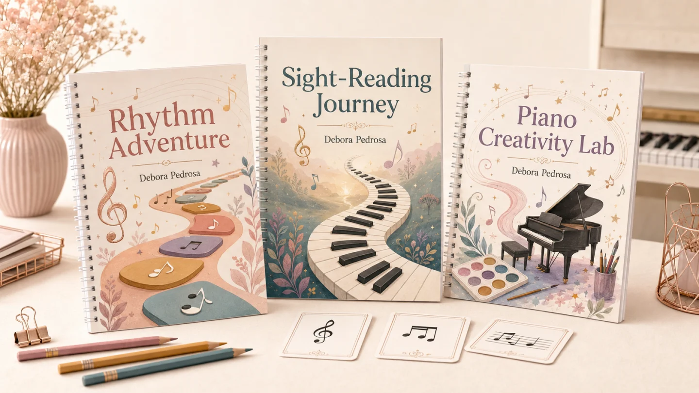 debora music learning materials Music learning workbooks and cards arranged beside a piano keyboard.