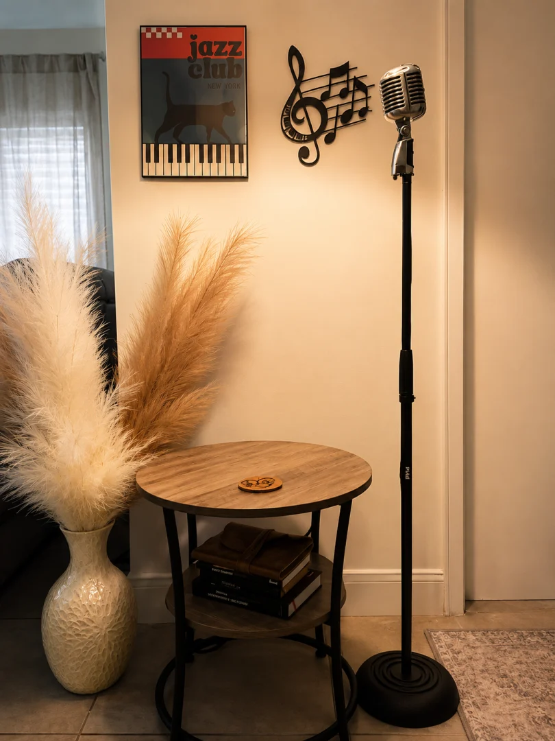 Vintage-style microphone beside a table and musical wall decorations. Vintage-style microphone beside a table and musical wall decorations.