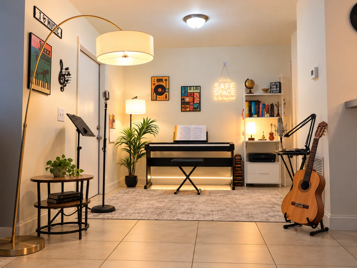 debora studio overview Music studio with a digital piano, microphones, guitar, lamps, and plants.